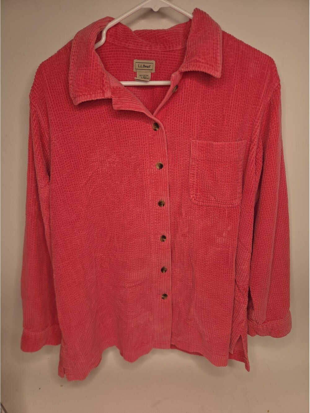 90βs L.L. Bean Womenβs Wide Wale Corduroy Button Up Shirt L Vintage Pink